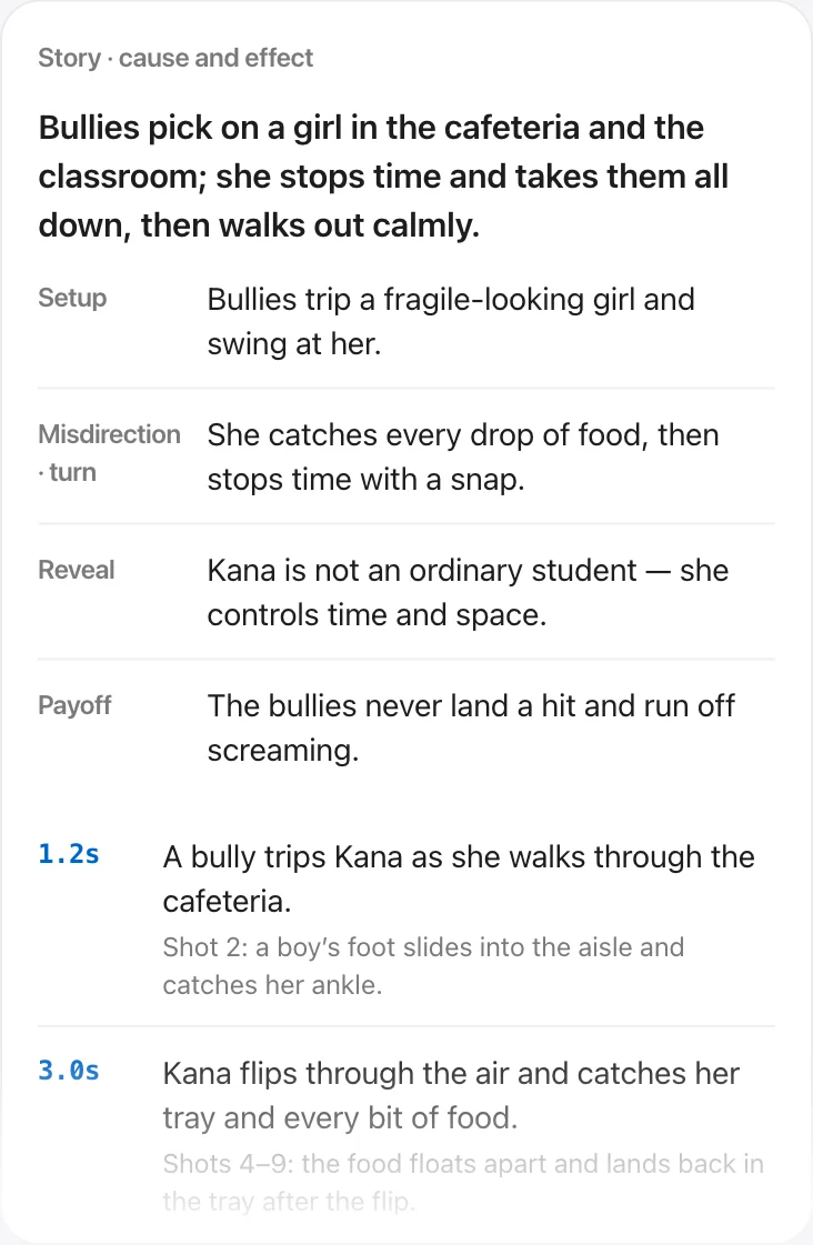 Story card — summary, setup/turn/reveal/payoff and timed events